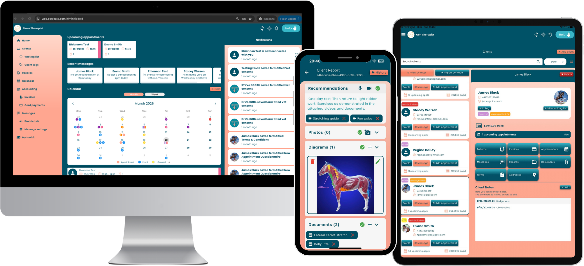 The Equigate app on a desktop computer, an iPhone and a tablet