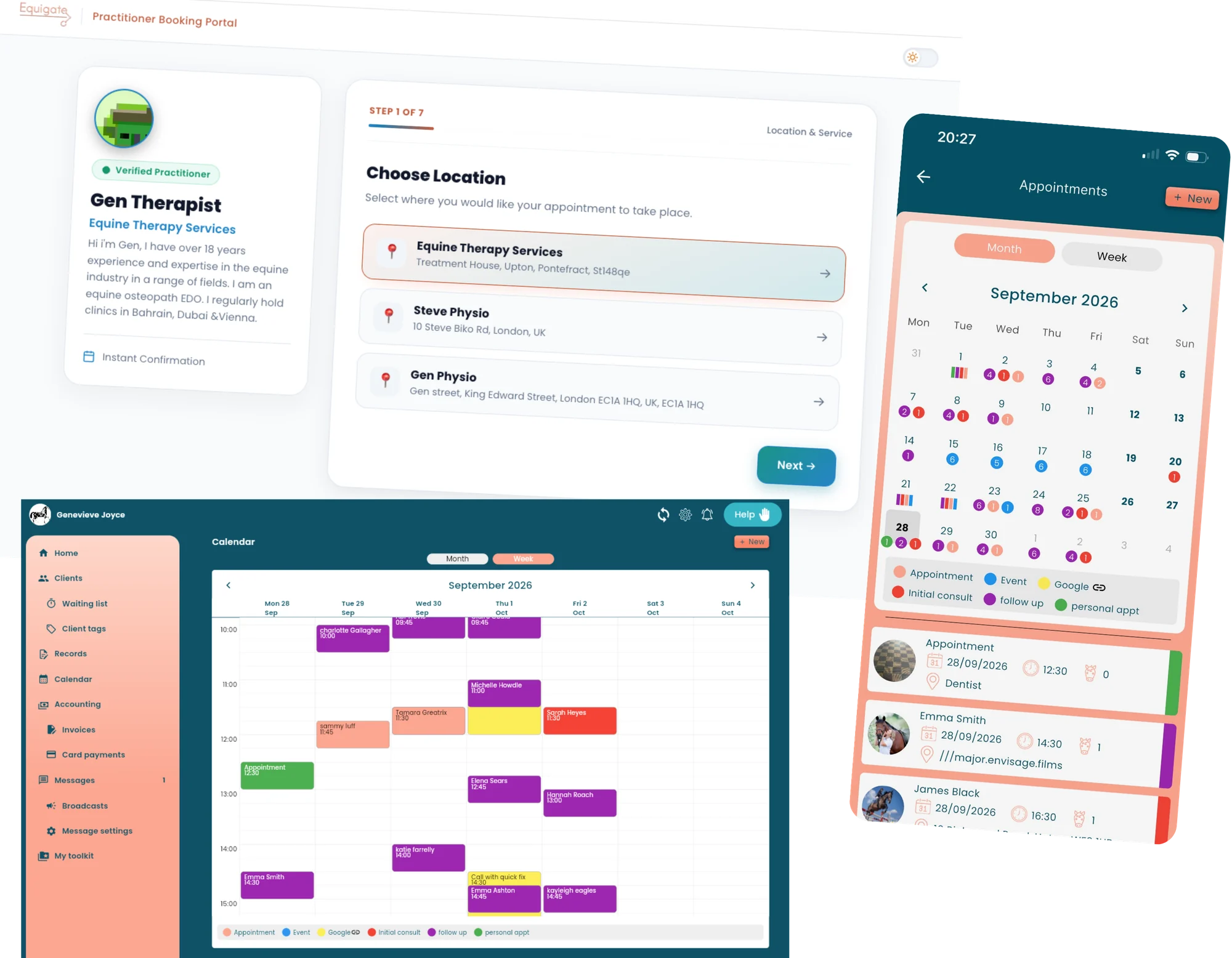 The Equigate online booking page choosing a location, the web app calendar in week view and the mobile calendar in month view