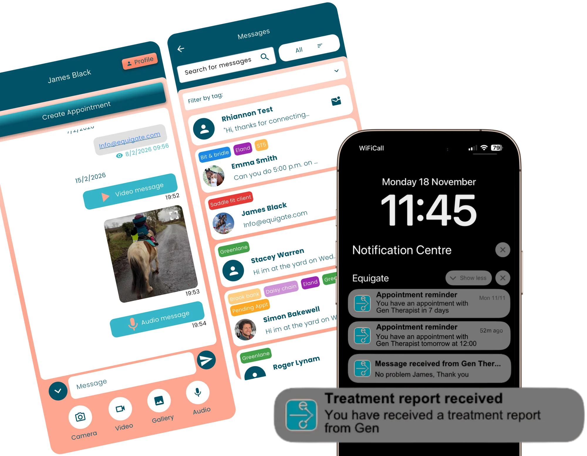 An Equigate message thread with video and audio messages, the messages inbox filtered by client tag, and appointment reminder notifications on a phone lock screen